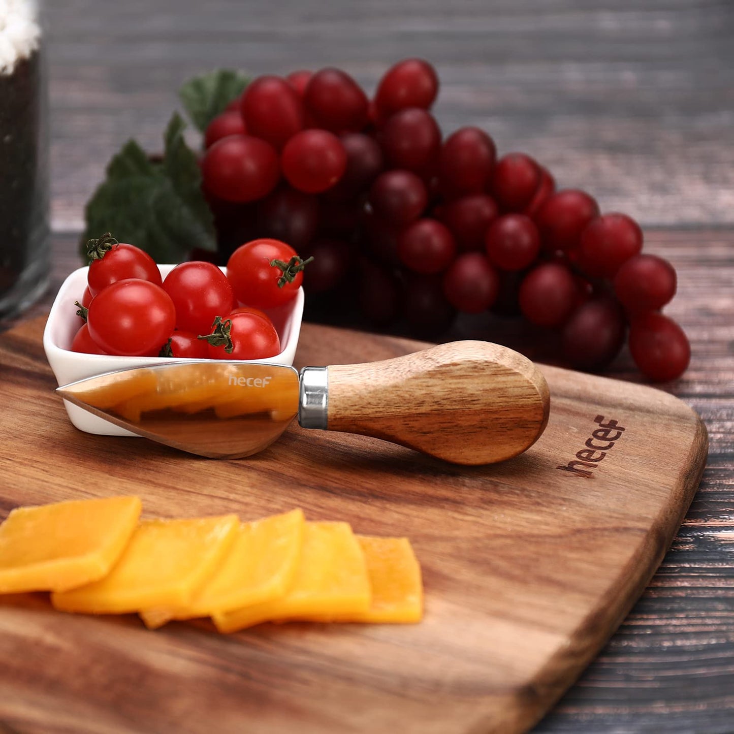 hecef Cheese Board set of 3,a Acacia Wood Cheese Plate, a Knife, a Fork, Charcuterie Board Platter Slate Serving Set(Cheese board with 2 knives)