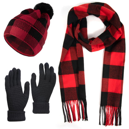 Cosweet Scarf and Gloves Set - Winter Knitted Warm Set, Plaid Scarf Winter Gloves Knitted Hat with Pompom Flurry Ball for Women Men Outdoor Sports Running Skiing Cycling Yoga Christmas Gift