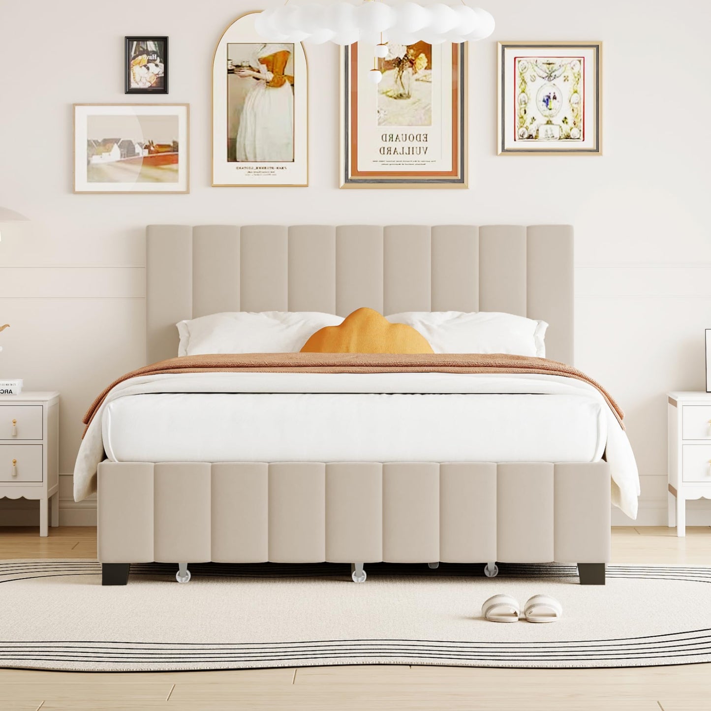 Bellemave Queen Size Upholstered Bed Frame with 2 Drawers & 1 Twin XL Trundle, Velvet Platform Storage Bedframe Mattress Foundation, Queen Trundle Bed Frame,Easy Assembly,Beige