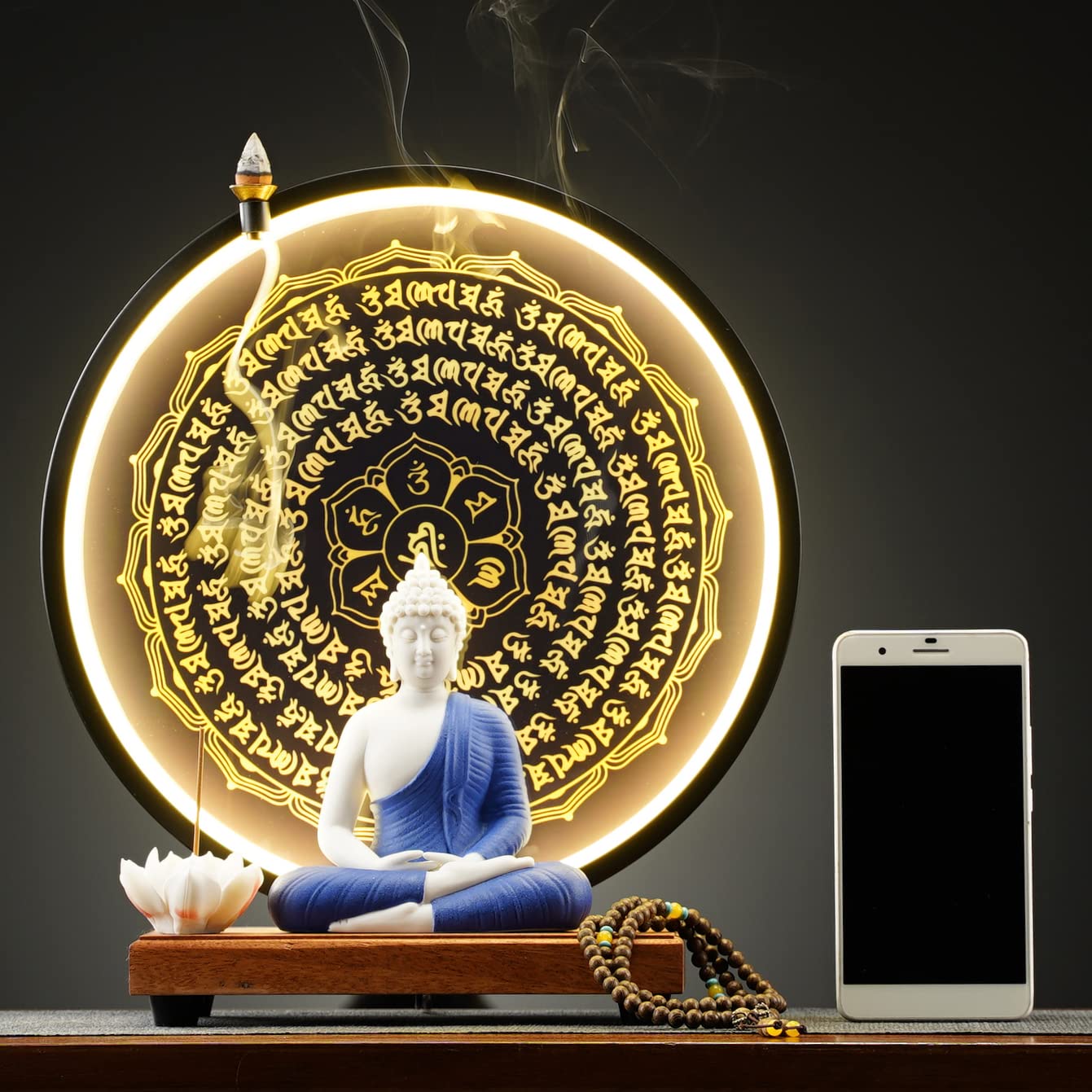 Houlu Blue Buddha Statue and Circle LED Table Lamp, Ceramic Buddha Statue for Home Décor