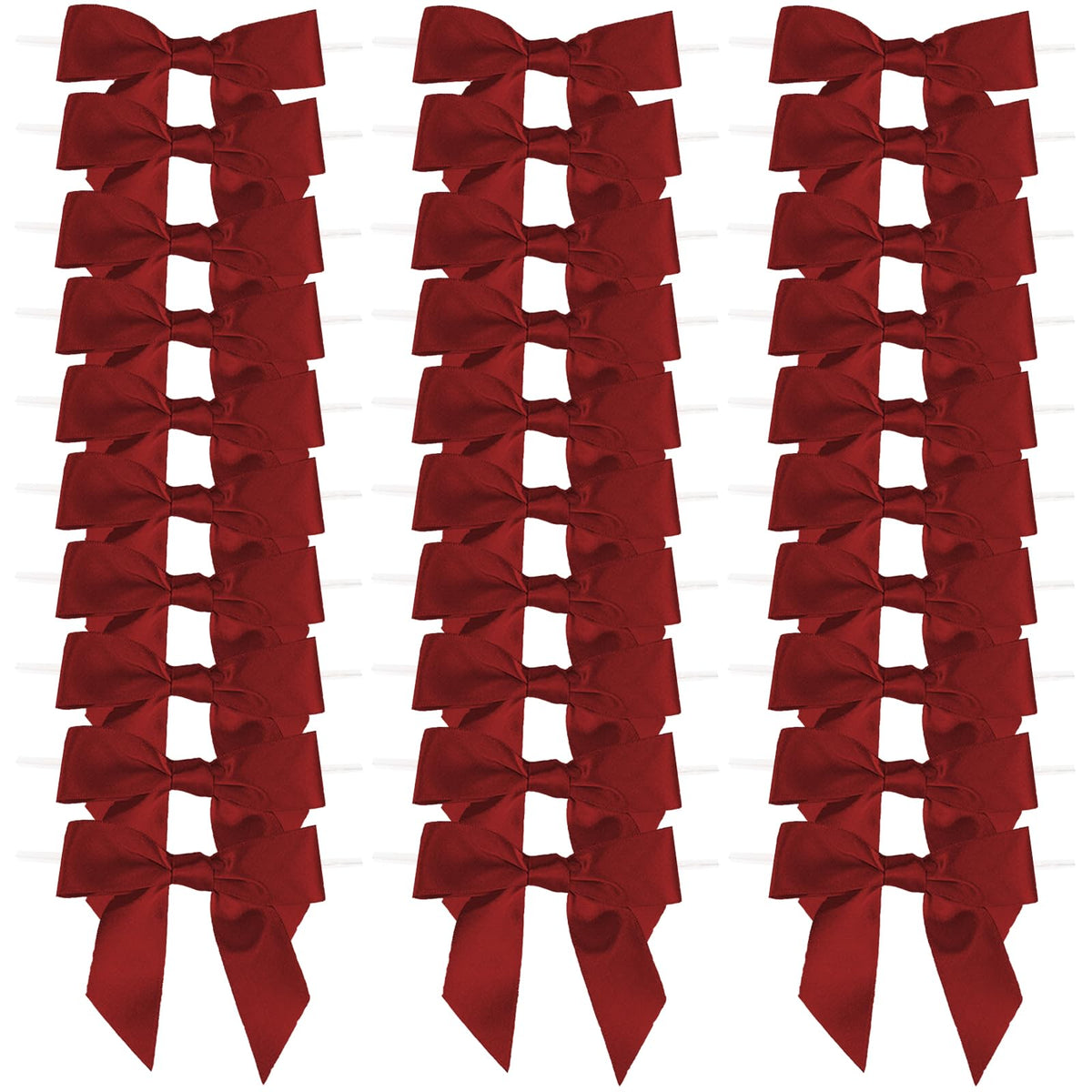 50 Pcs 3.5" Burgundy Red Satin Ribbon Bows, Pre-Tied Mini Twist Tie Craft Bows for Treat Bags, Wine Bottle - Christmas Premade Wire Bowknot for Gift Wrapping Birthday Wedding Party Favors