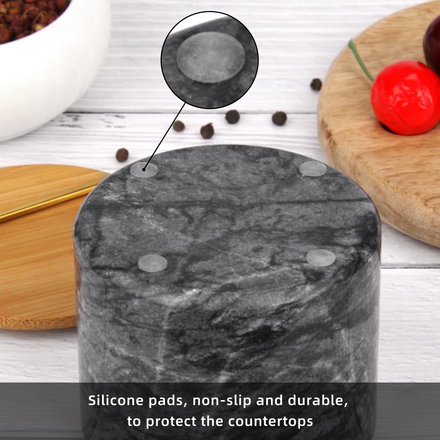 2 Sets Marble Salt Cellar Box with Bamboo Lid & Metal Spoon, Modern Stone Salt or Pepper Sugar Spice Seasoning Bowl Container Jar Holder Well Keeper Dish Pig Crock for Kitchen (White and Dark Grey)