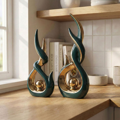 LCCCK Green and Gold Abstract Ceramic Sculpture Set of 2 Modern Electroplated Figurines Decorative Statues for Living Room Shelf Mantel Tabletop Home Decor Housewarming Gift