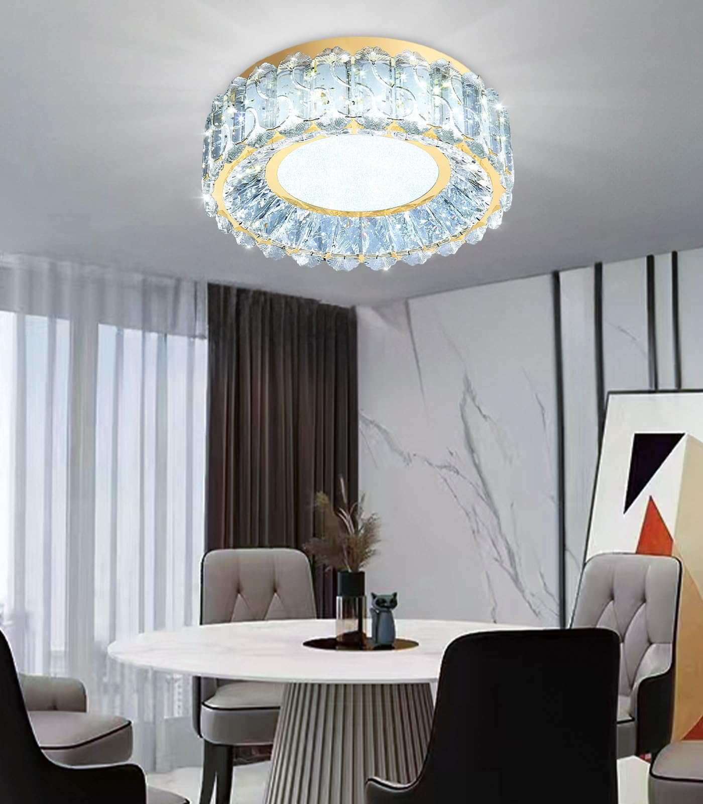AFQEJG 12 Inch Dimmable Crystal Chandelier Modern LED Flush Mount Ceiling Light Fixtures for Bedroom Hallway Staircase Gold