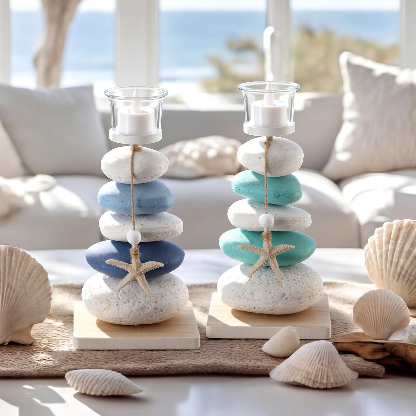 Mumufy 2 Pcs Farmhouse Coastal Candle Holder with Natural Stone Starfish, Stone Candle Holder Blue Teal Ocean Theme Drift Bottle Design Nautical Rustic Decor for Home Bathroom Table Centerpiece