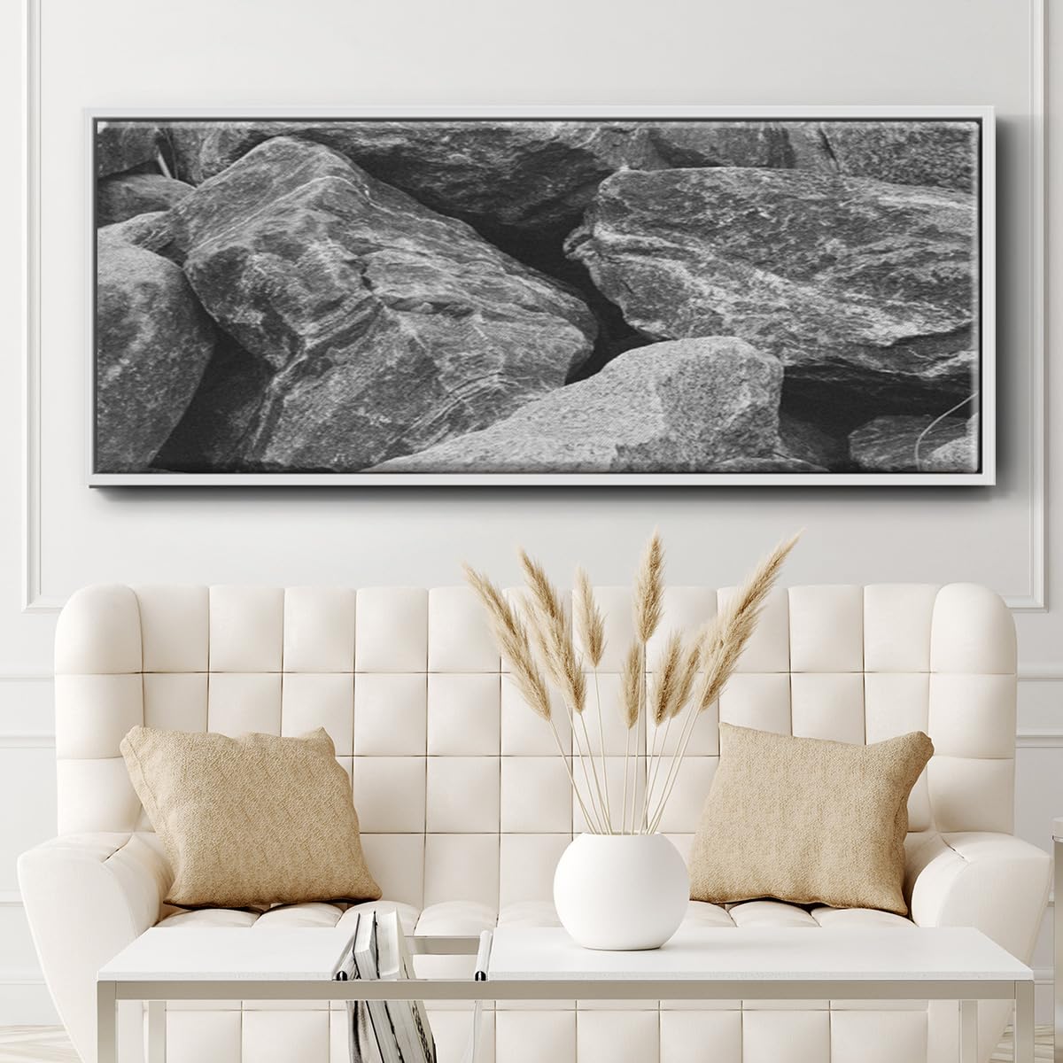 Renditions Gallery Floater Framed Home Décor Black Textured Rock Painting Canvas Hanging Decoration for Lounge Kitchen Bedroom - 20"x50" White Frame LT621