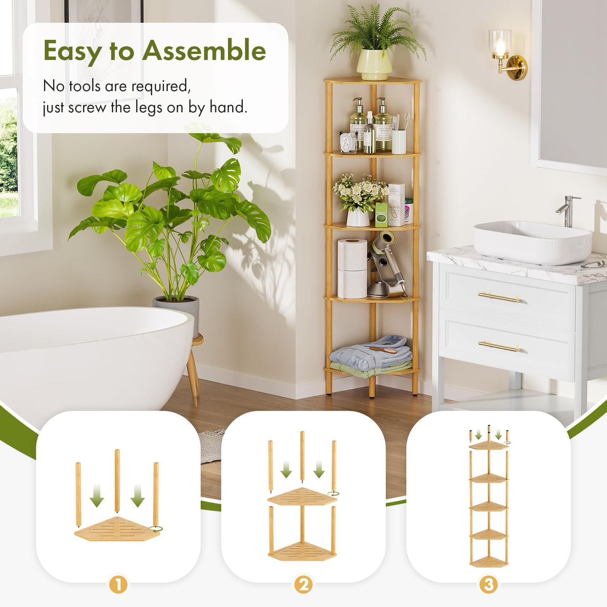 Corner Shelf, 5 Tier Bamboo Corner Bookshelf, 54" Tall Narrow Bookcase, Plant Stand, Corner Display Rack, Shower Caddy, Display Standing Shelf Organizer for Bedroom, Living Room, Kitchen, Home Office
