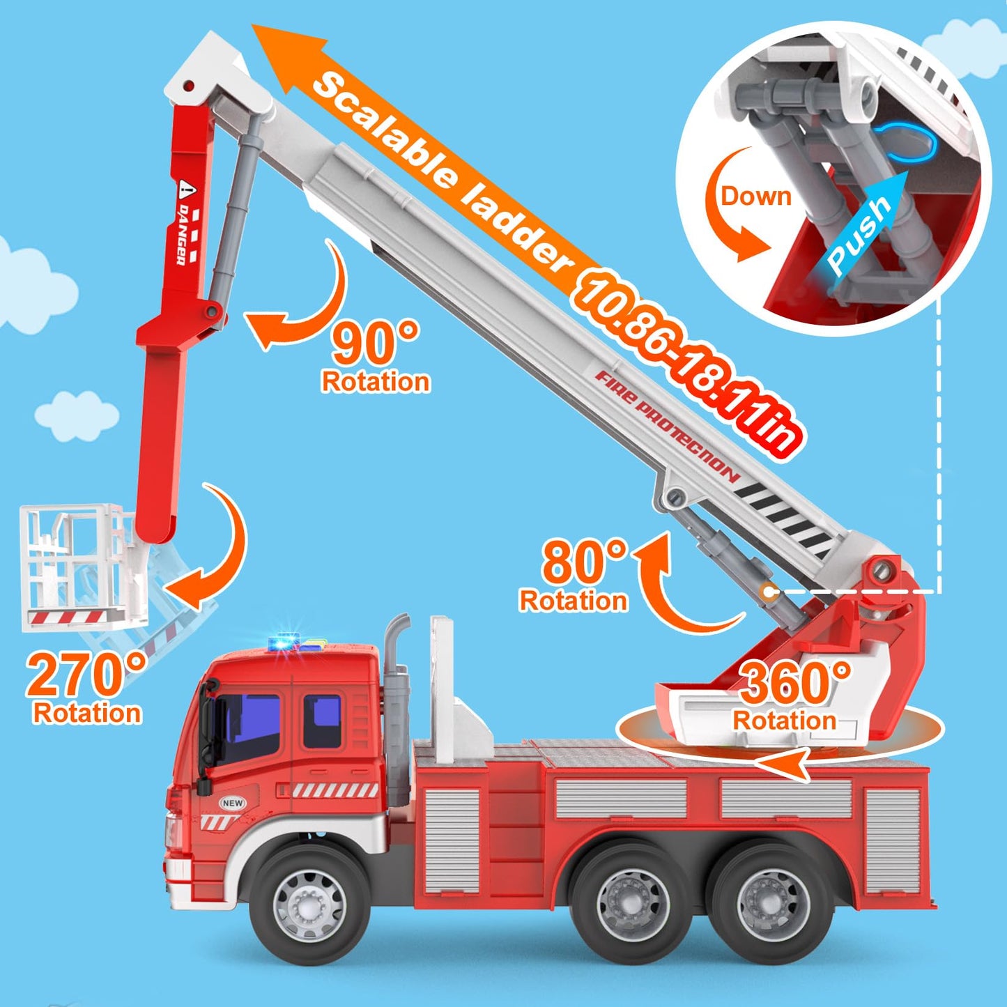 GizmoVine Fire Engine Toys, Large Fire Truck with Lights Sound Rescue Ladder, Friction Powered Large Toy Firetruck, Kids Big Trucks, Brithday for Children Age 3 4 5 6 7 8 Year Olds