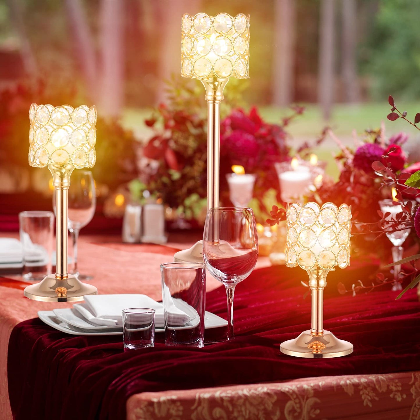 Mumufy 12 Pieces Crystal Candle Holders Set 3 Sizes Tall Crystal Wedding Candlestick Holders Pillar Candelabra Stand for Table Centerpieces for Christmas Party Wedding Dining Decoration (Gold)