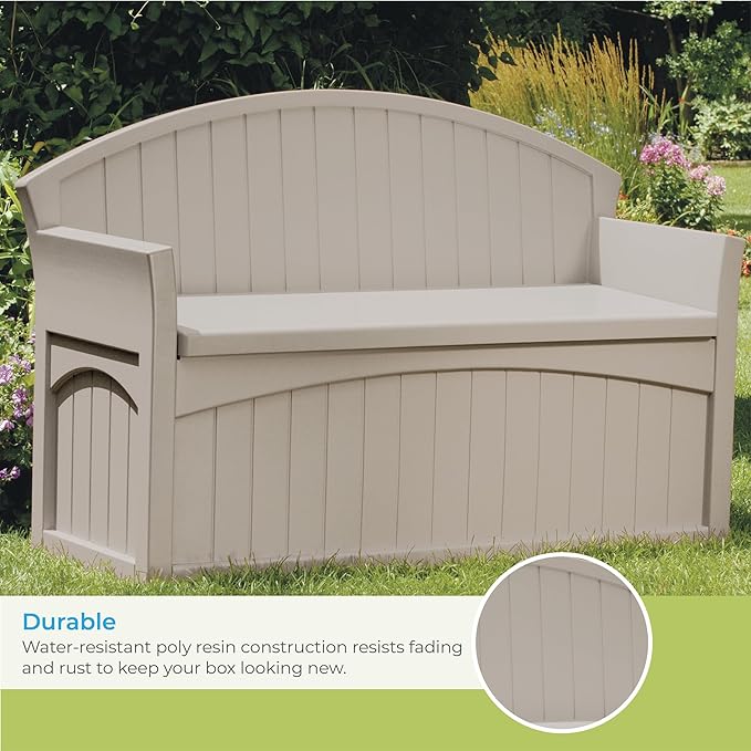 Suncast Outdoor Storage Bench - 50 Gallon Taupe Resin Outdoor Bench with Storage for Cushions, Tools & More. All-Weather Patio Deck Box with Seat for Porch, Pool, Yard, & Garden, Made in USA