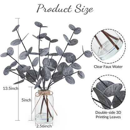 Artificial Eucalyptus Stems in Glass Vase with Faux Water Halloween Decor, 14” Fake Plants for Home Decor Table Centerpieces Office Bathroom Faux Plants Indoor Black Decorations