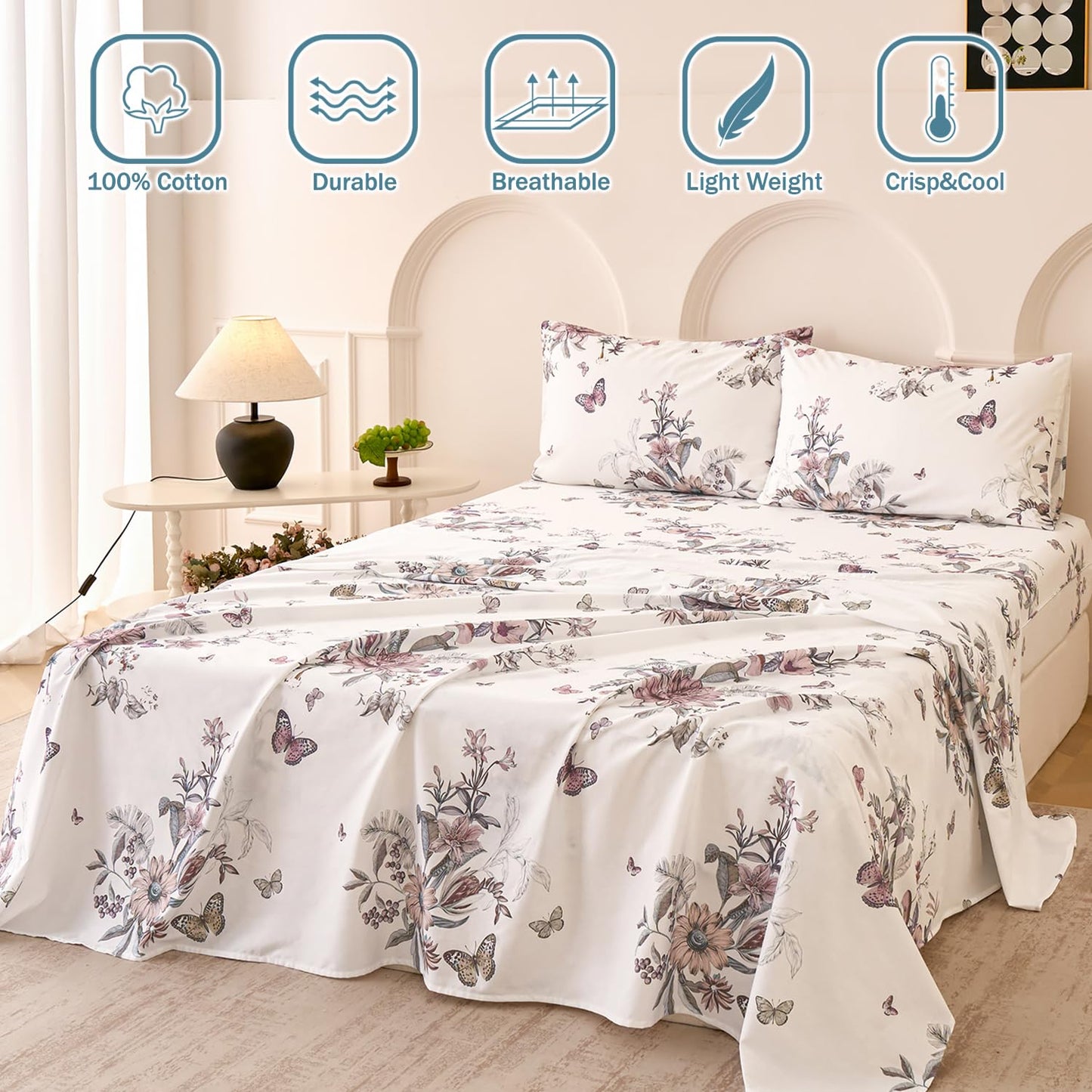 Huborise Queen Size Sheet Set Dusty Rose Floral Bed Sheets 100% Cotton 4Pcs, Light Pink Flower & Butterfly Printed Bed Set with Deep Pocket 17.5", Soft Breathable & Crisp, Luxury French Country Style