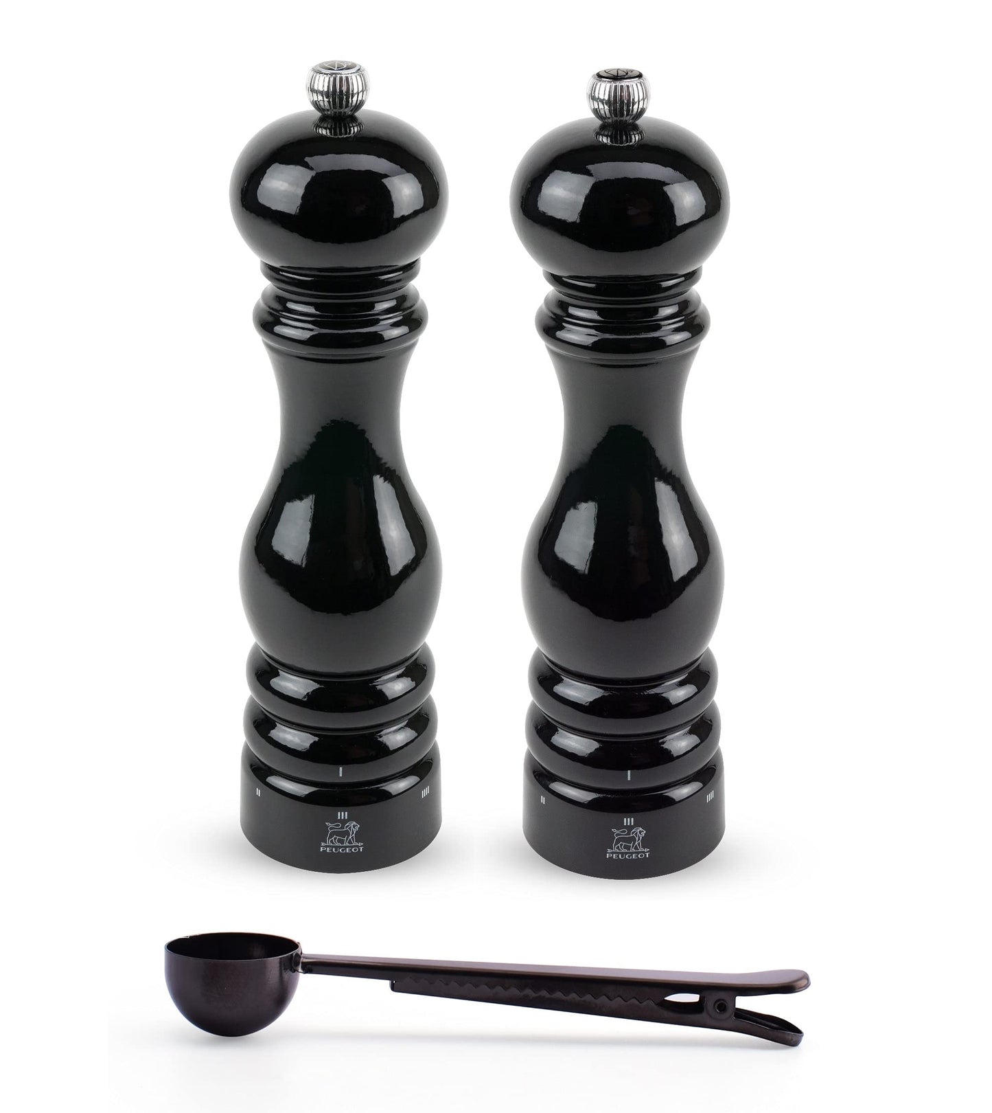 Peugeot Paris u'Select 6 Setting Manual Salt & Pepper Mill Set With Black Stainless Steel Spice Scoop Made In France (Black Lacquered, 9- Inch)