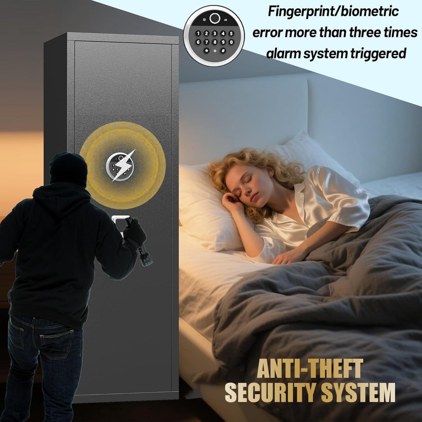 Bezuny No Assembly Required Gun Safe for Rifles and Pistols Fingerprint,14" W x 58" H Adjustable Gun Cabinet for Home,14-15 Gun Safes for Rifle and Password Lock,Black
