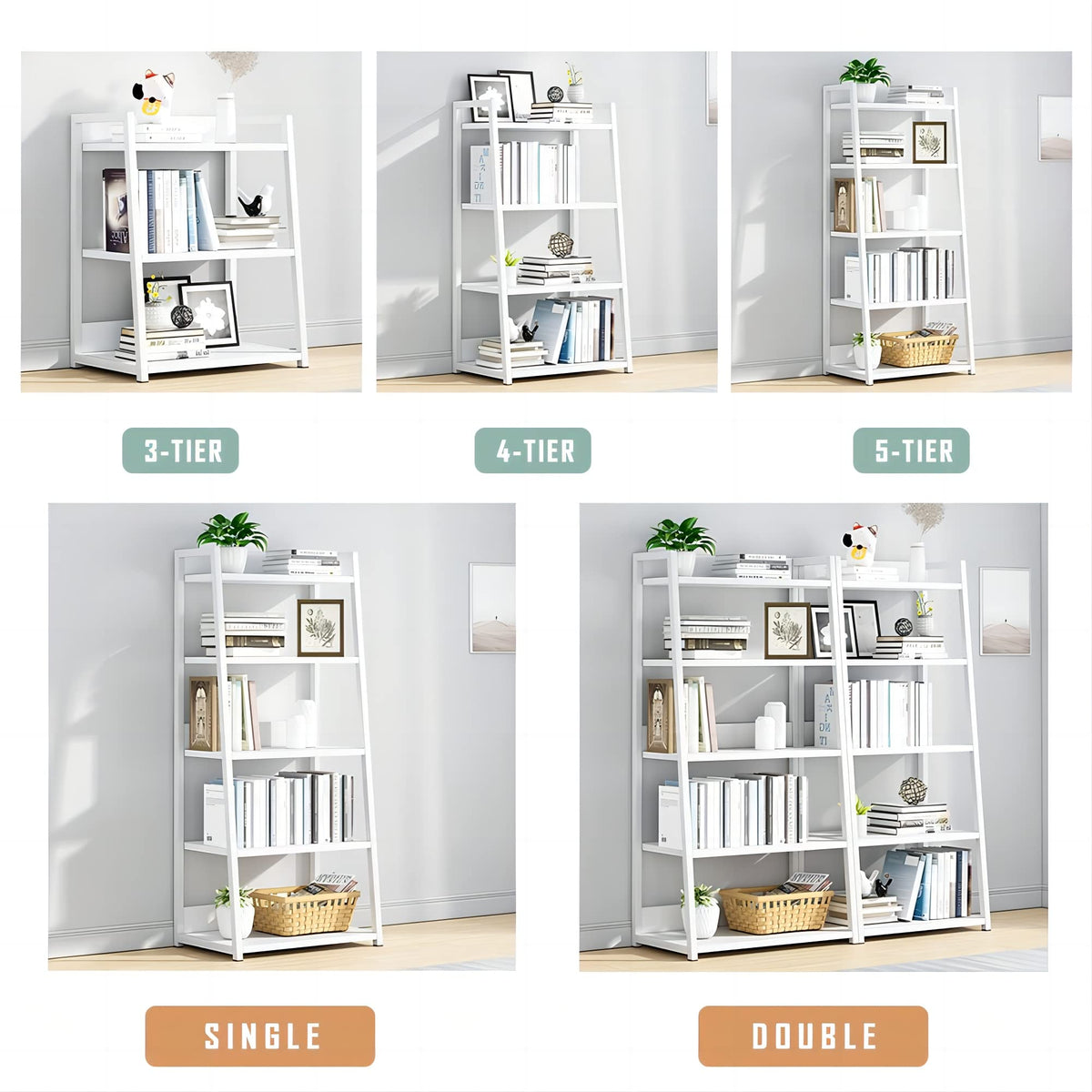 IOTXY 5 Tier Open Bookshelf - Steel and Wood Display Stand, 19.7" Width Floor-Standing Bookcase, White