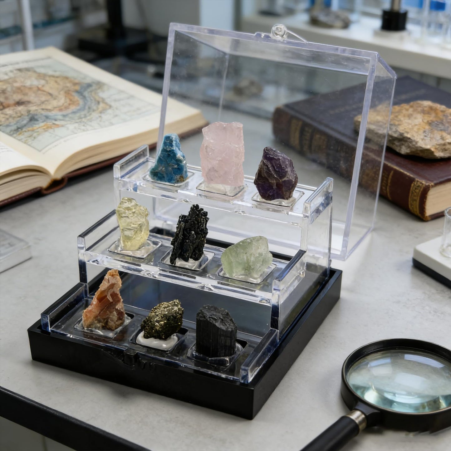 Rare Natural Naturally Mineral Specimen Collection Gift Box-9 Pieces Exquisite Minerals-Square Acrylic Tiered Display Case - Ideal Gifts for Mineral Enthusiasts,Geography Enthusiast-(Small)