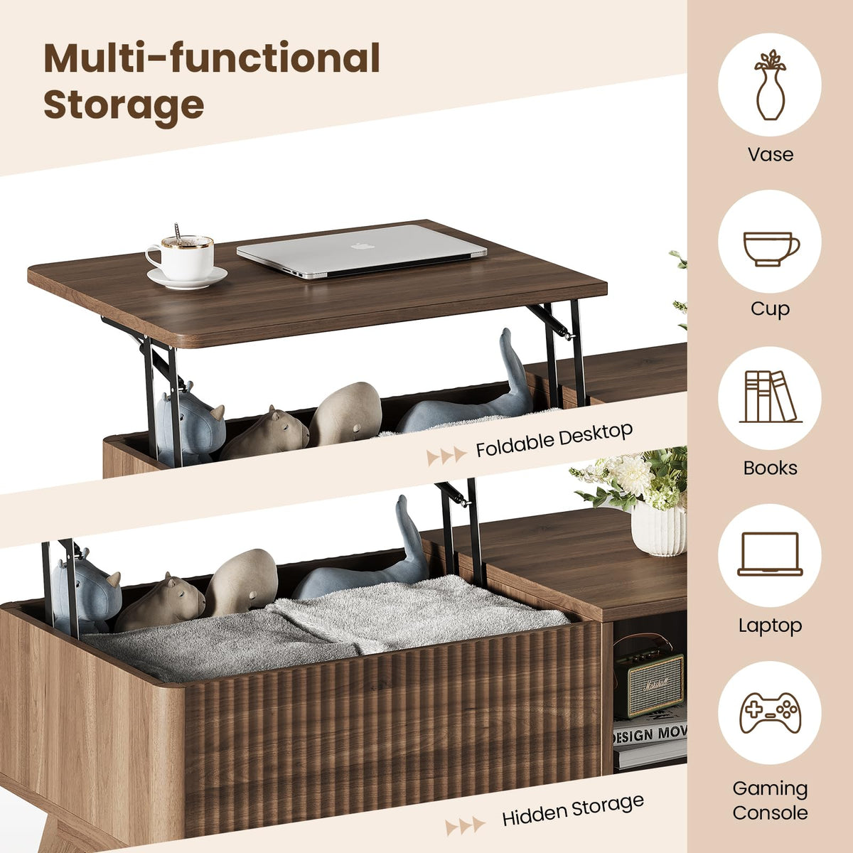 TROJM Wood Lift Top Coffee Table with Hidden Compartment and Large Storage Shelf, Lift Tabletop Dining Center Table for Home Living Room Office,Walnut