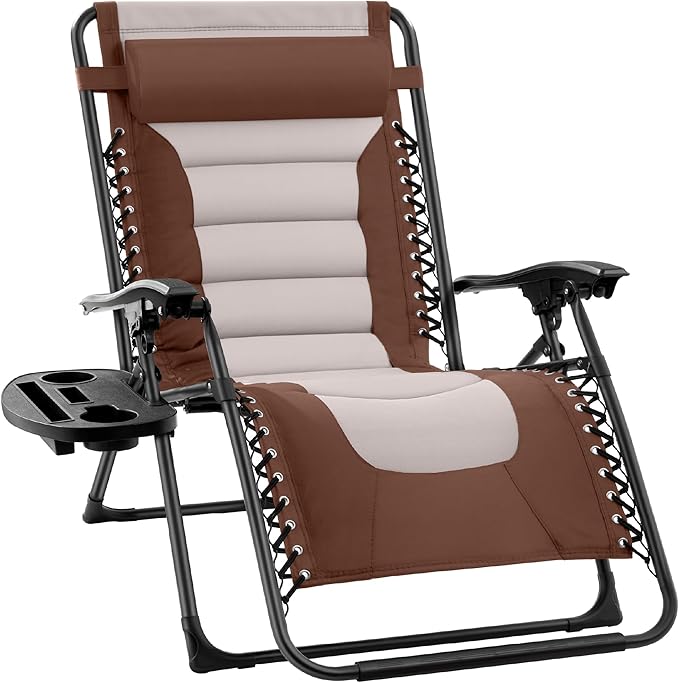 Best Choice Products Oversized Padded Zero Gravity Chair, Folding Outdoor Patio Recliner, XL Anti Gravity Lounger for Backyard w/Headrest, Cup Holder, Side Tray, Polyester Mesh - Brown/Oyster