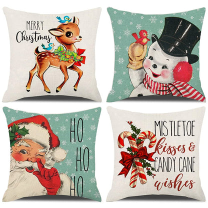 KACOPOL Christmas Decorations Pillow Covers 18×18 Set of 4 Snowflake Santa Snowman Deer Bird Candy Cane Xmas Rustic Winter Holiday Throw Pillows Farmhouse Christmas Decor Cushion Cases (18"x18")