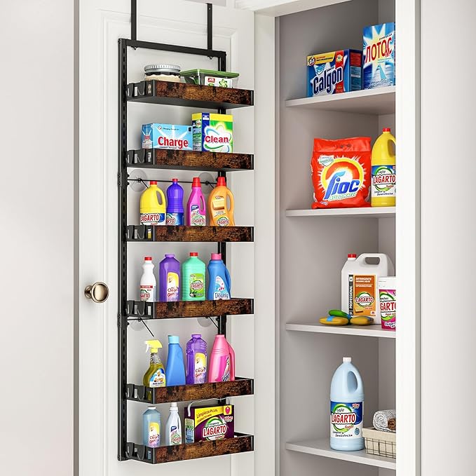 bukfen Over the Door Pantry Organizer, 6-Tier Adjustable Wooden Basket Kitchen