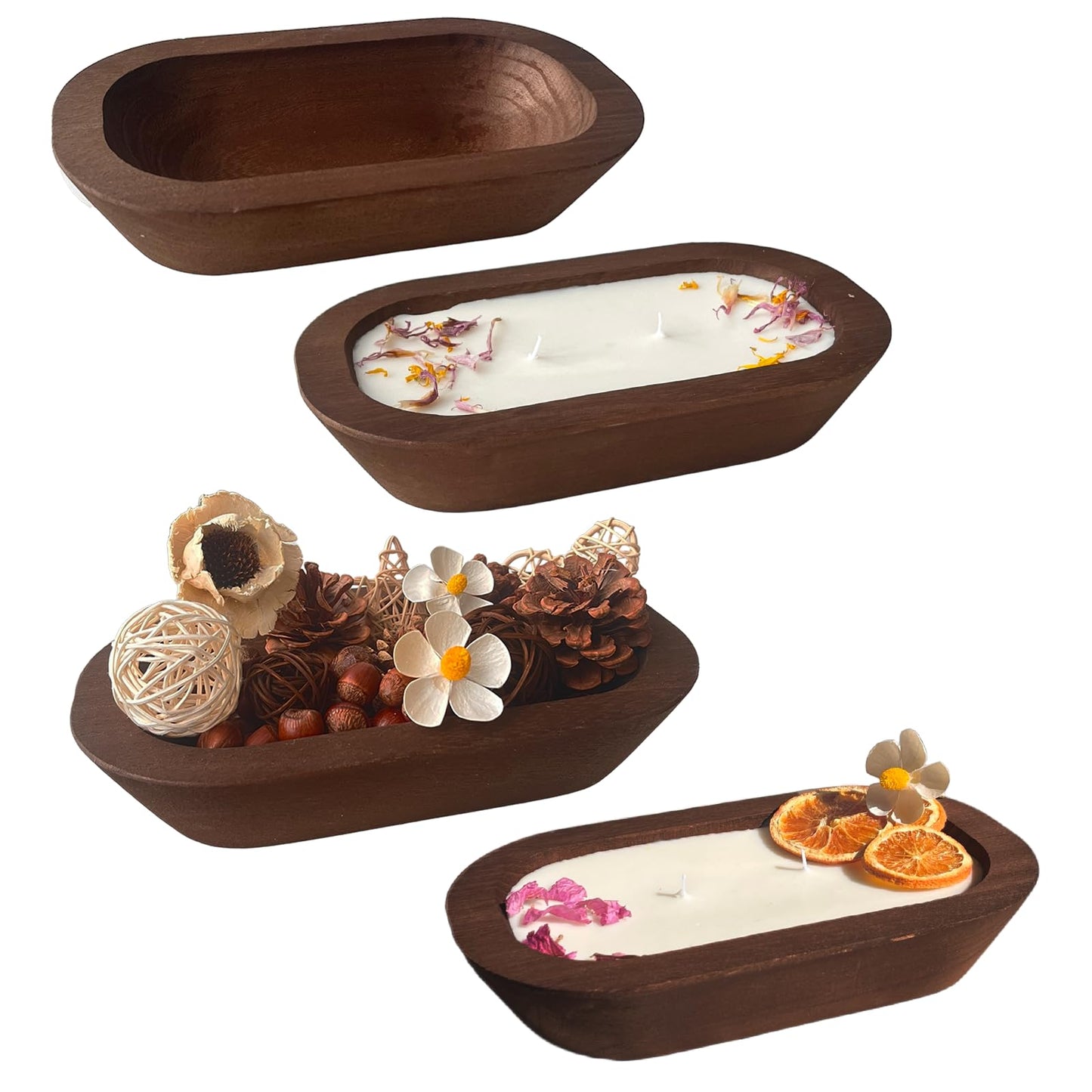cachiv 4 Pack Dough Bowl for Candle, Wooden Decorative Bowls Paulownia Rustic Hand Carved Wooden Bowls for Candle Making Key Living Room 10"x6"x2" Brown