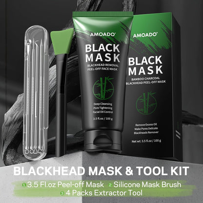 Blackhead Remover Mask, Charcoal Peel Off Face Mask Kit, (100g) Deep Pore Cleans,Oil Control, Blackheads Removal Peel Off Black Mask for Men & Women – Includes Brush,Extractor Tool