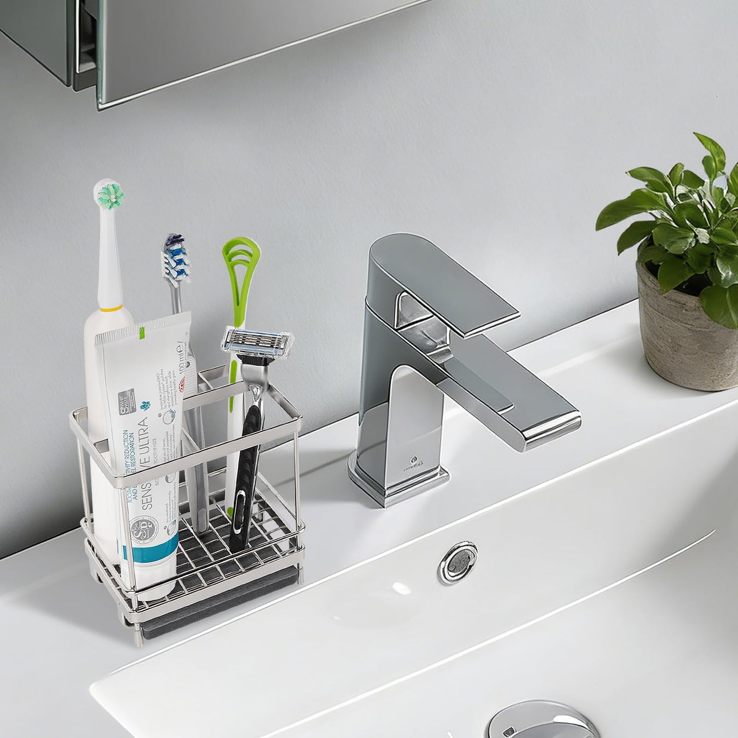 Stainless Steel Toothbrush Holders for Bathrooms, 5 Slots Kids Electric Tooth Brush and Toothpaste Organizer for Countertop, Shower, Vanity, Sliver
