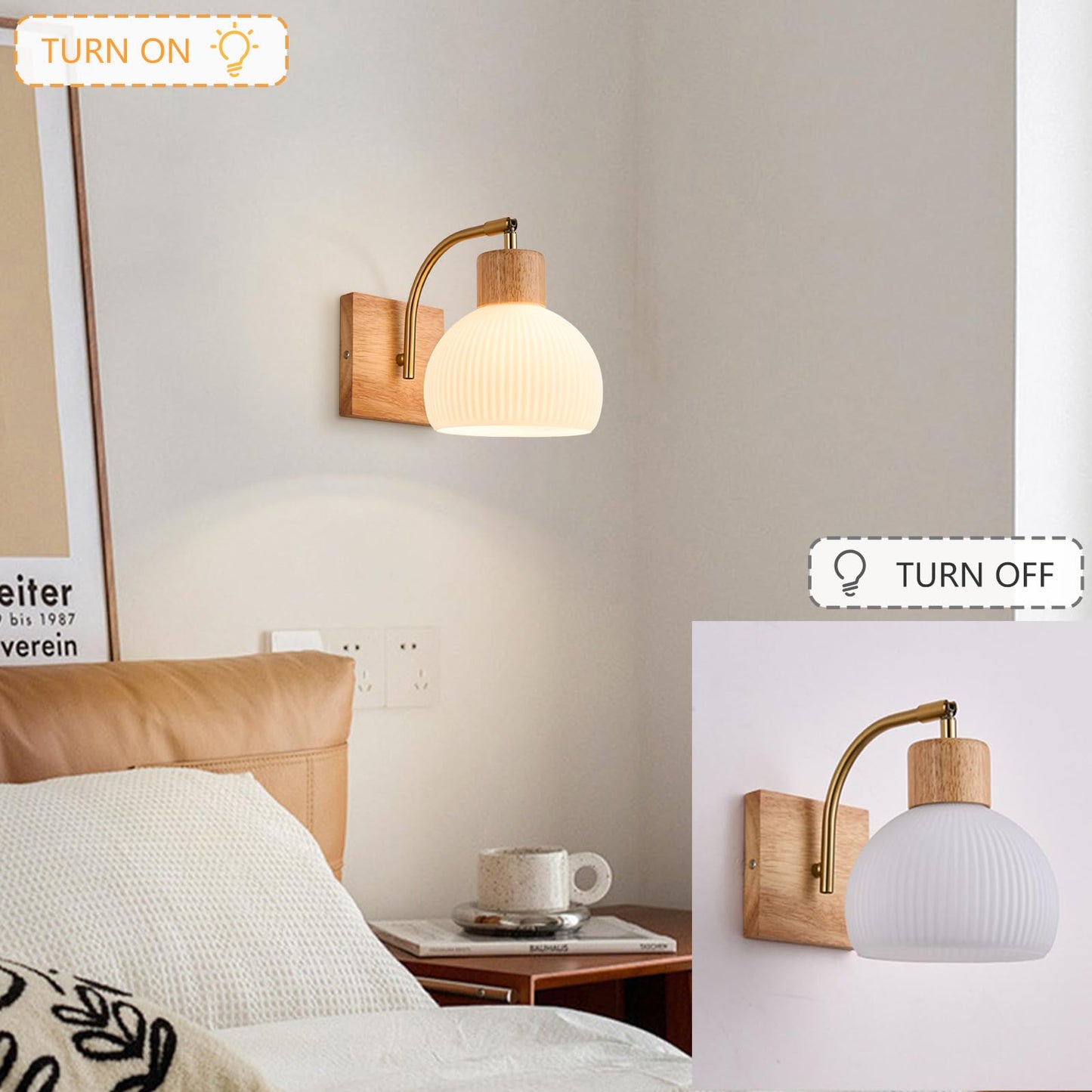 RXPVUXE Globe Milk White Glass Wall Lamp Nordic Solid Wood Wall Sconce Adjustable Bedroom Bedside Reading Lighting, Modern Retro Half Globe Wooden Home Decor Lighting Fixture for Loft Living Room