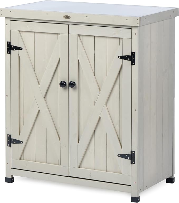 HABAU Outdoor Storage Cabinets Weatherproof for Patio, Garden Work Bench with Shelves & Metal Tabletop, Wooden Potting Table Workstation