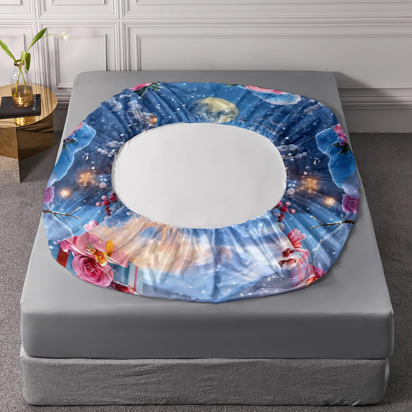 HOSIMA Snowman Twin Fitted Sheet,Cute Snowmen Looking at Each Other,Flowers Gifts Pattern Christmas Bedding Set Romantic Themed Couple Bedding for Women Bedroom Decor,1 Fitted Sheet+2 Pillowcases.