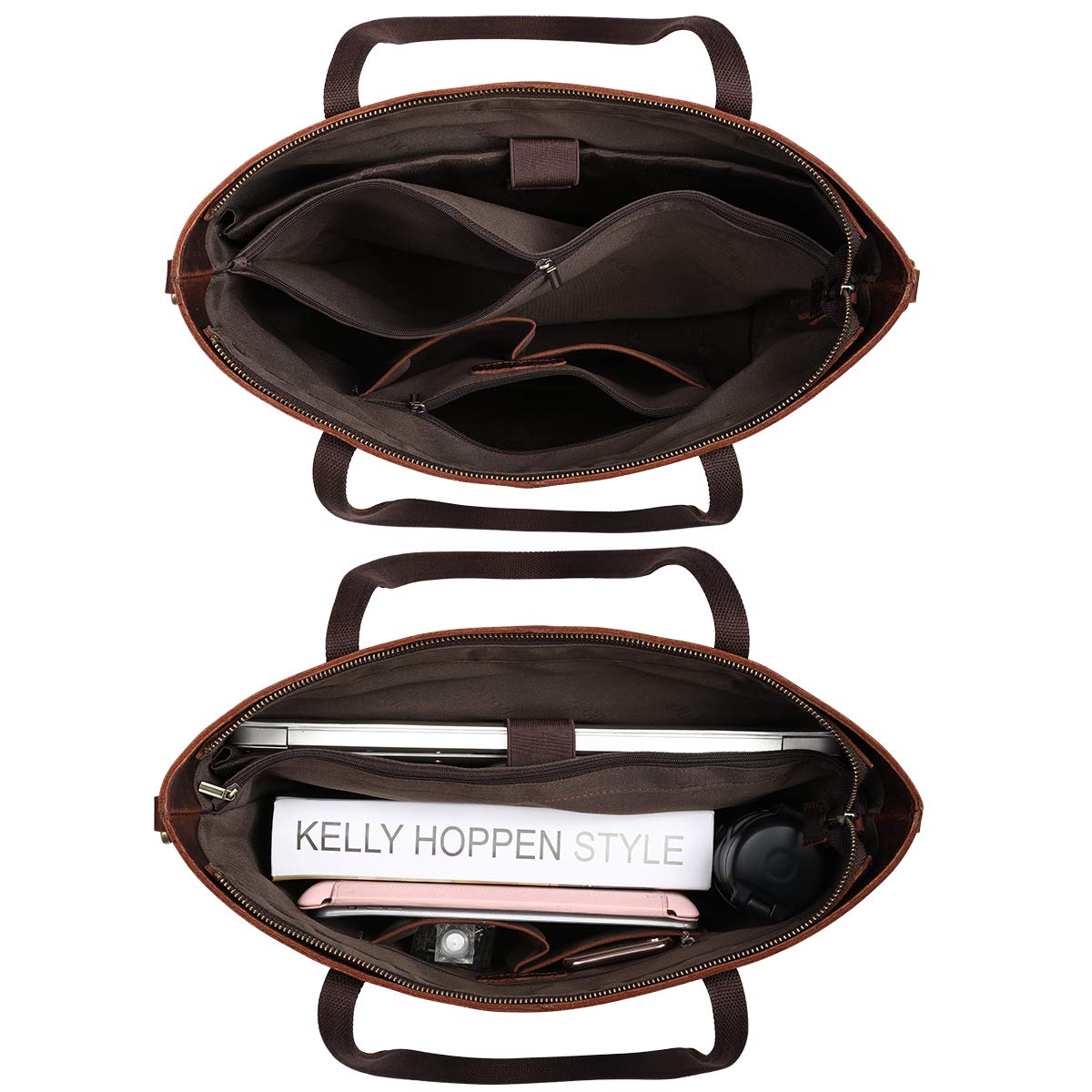 S-ZONE Vintage Genuine Leather Shoulder Bag Work Totes for Women Purse Handbag with Back Zipper Pocket Large