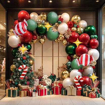 Christmas Red and Green Balloon Garland Arch Kit Pearl White Gold Foil Candy Cane Balloons With Gold 4-Point Star Balloons For Christmas Party Decorations