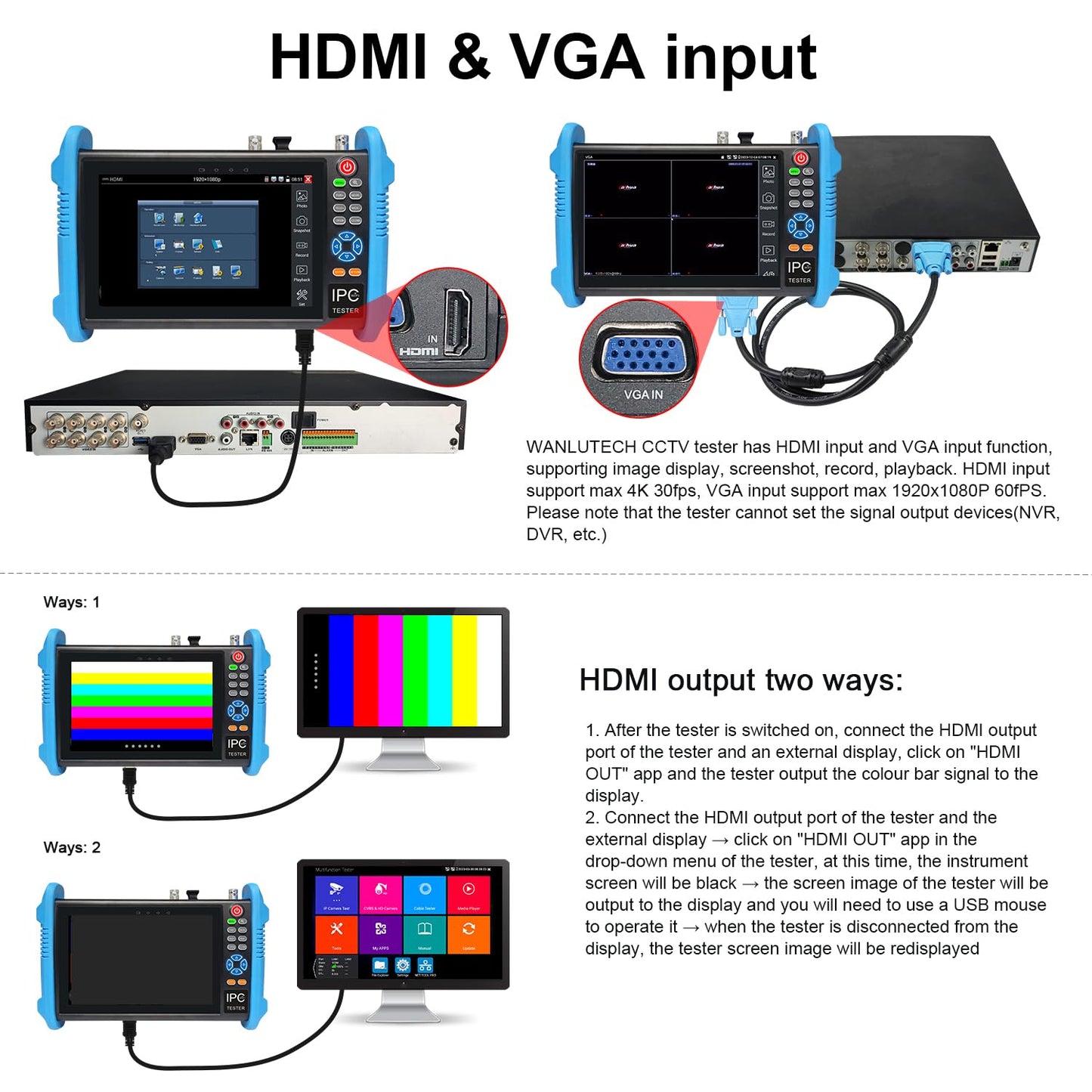Upgraded 8K IP Camera Tester, WANLUTECH CCTV Tester 7inch Touchscreen 8MP TVI CVI AHD CVBS Camera Test 90W PoE Power Cable Tracer RJ45 Cable TDR Test SFP Network Tools WiFi HDMI VGA (IPC-9800CADH Pro)