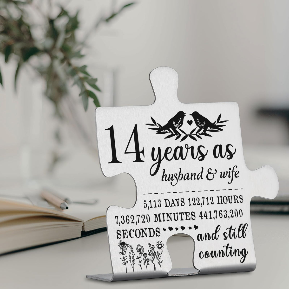 14 Years Anniversary Plaque Gift for Husband Wife, 14th Marriage Gift for Couple Ornament Decor Stainless Steel Puzzle Piece Decorative Signs Plaques YPP6
