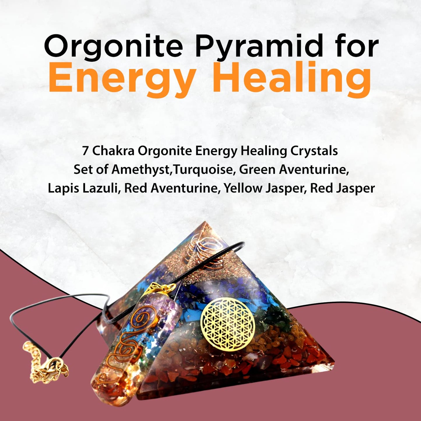 Real Crystal Chakra Pyramid - Seven Chakra Pyramid - Orgonite Pyramid for Energy Healing - Orgonite Kit - Protection with Seven Chakra Orgonite Necklace