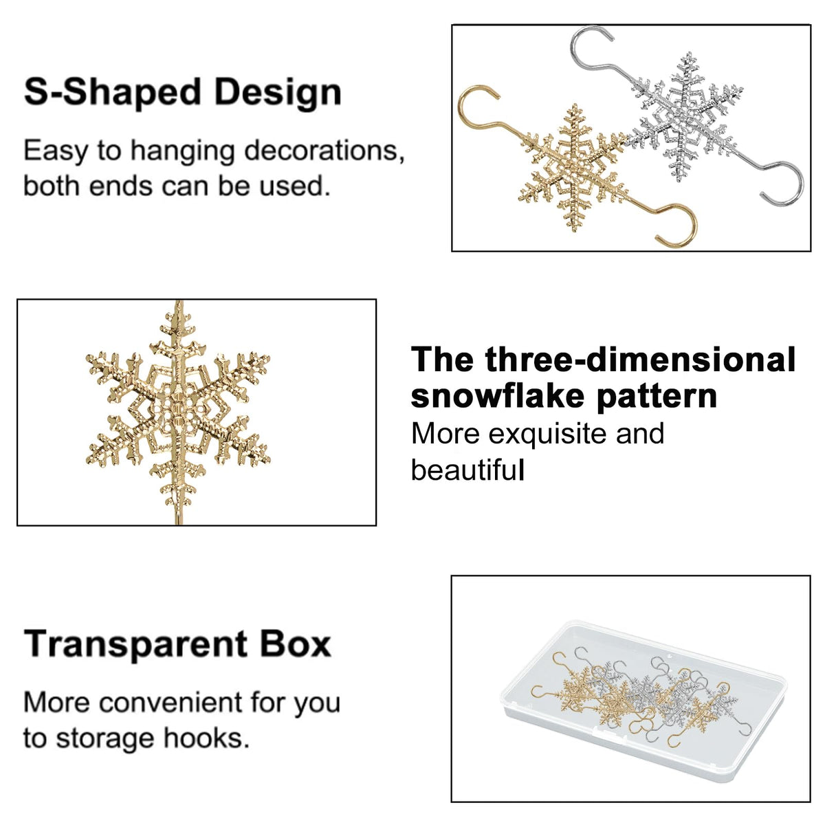 INCREWAY 60 Pcs Christmas Ornament Hooks Sliver Gold Snowflake Decorative Ornament Hangers for Xmas Christmas Tree for Small Ornaments