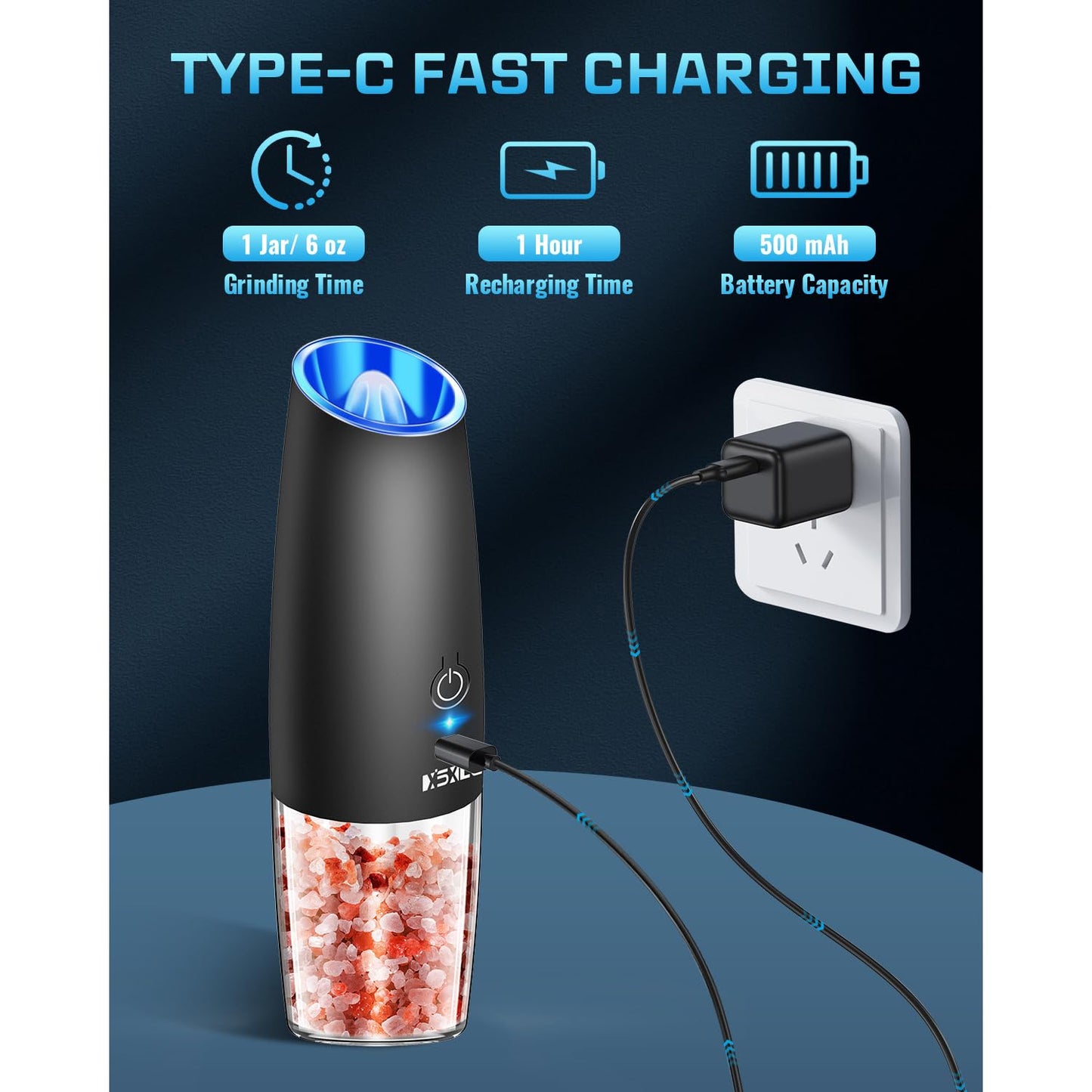 XinXu Rechargeable Pepper and Salt Grinder Set, whit Gravity Sensing Switch and LED Light, One Hand Automatic Operation -Black/2 Pack