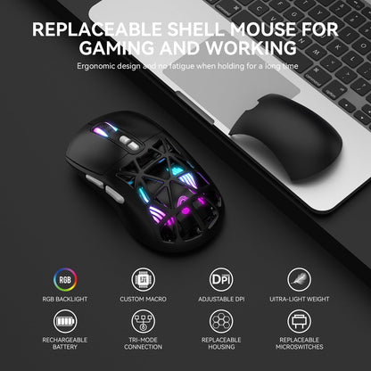 FD Wireless Gaming Mouse,Rechargeable RGB Programmable Macro Mouse,10000 DPI,Tri-Mode 2.4GHz/BT 5.0 with Wired,3.7V 500mAh Built-in Battery for Laptop Desktop PC MacBook Chromebook - Black