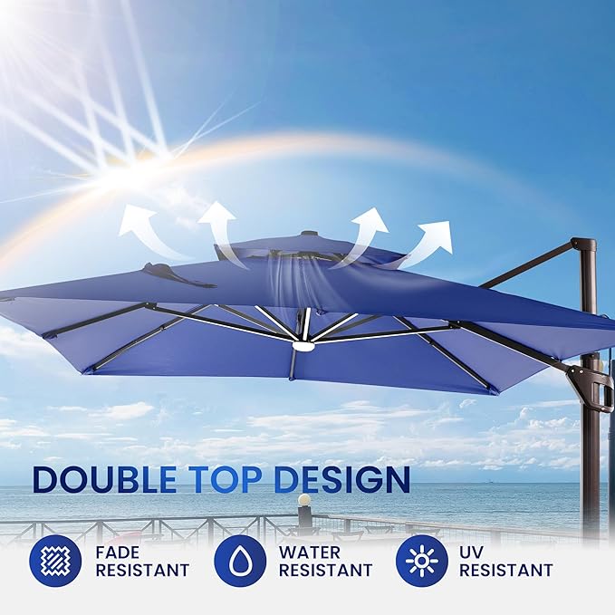 10 X 13 FT Cantilever Patio Umbrella with Led Lights and Base Included Outdoor Heavy Duty Double Top Rectangle Offset Umbrellas with 360-degree Rotation for Pool Deck Backyard, Navy