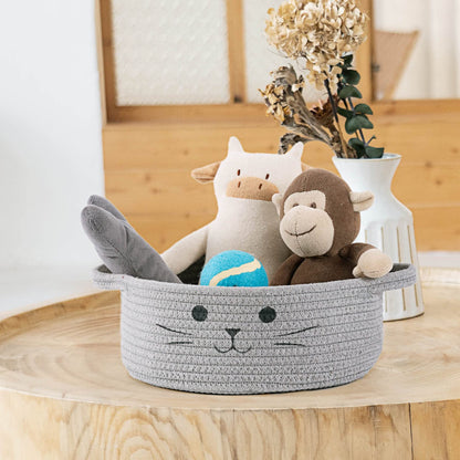 HiChen Small Woven Rope Storage Basket, Cute Cat Toy Basket for Living Room, Baby Baskets for Nursery, Gift Baskets Empty for Baby Shower, Grey, 9.8 x 4 inches