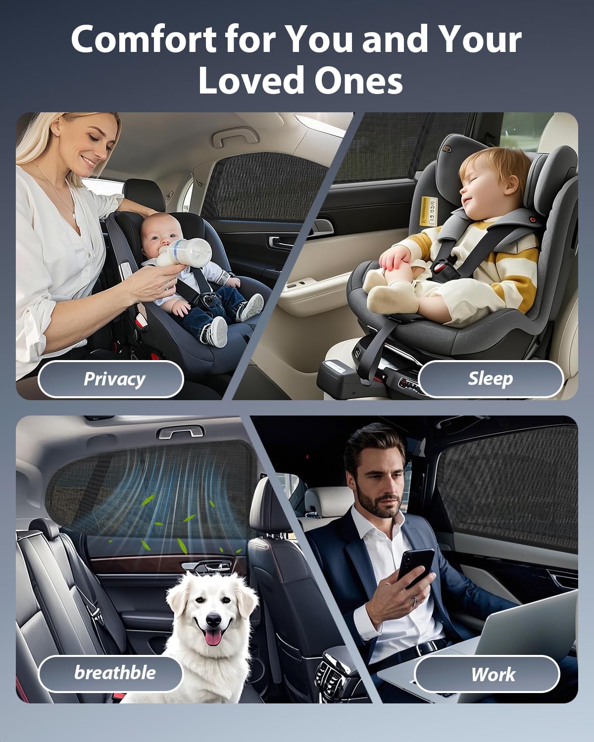 PEYOU Car Window Shades for Baby 2 Pack, Stretchable & Breathable Spandex Rear Car Sun Shade for Baby Effectively Blocks UV Rays & Sun Glare & Mosquito for Kids/Adults/Pets- 44.9"X19.7" Fits 99% Cars