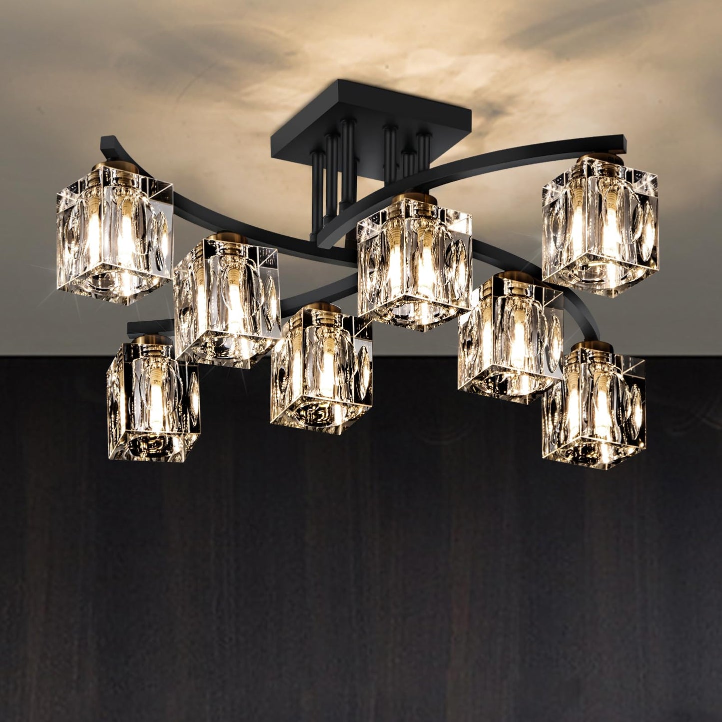 LIXDRASK Crystal Semi Flush Mount Ceiling Light with 8-Lights Black Sputnik Ceiling Light Fixture Modern Chandeliers for Dining Room Living Room Kitchen Island Bedroom Hallway