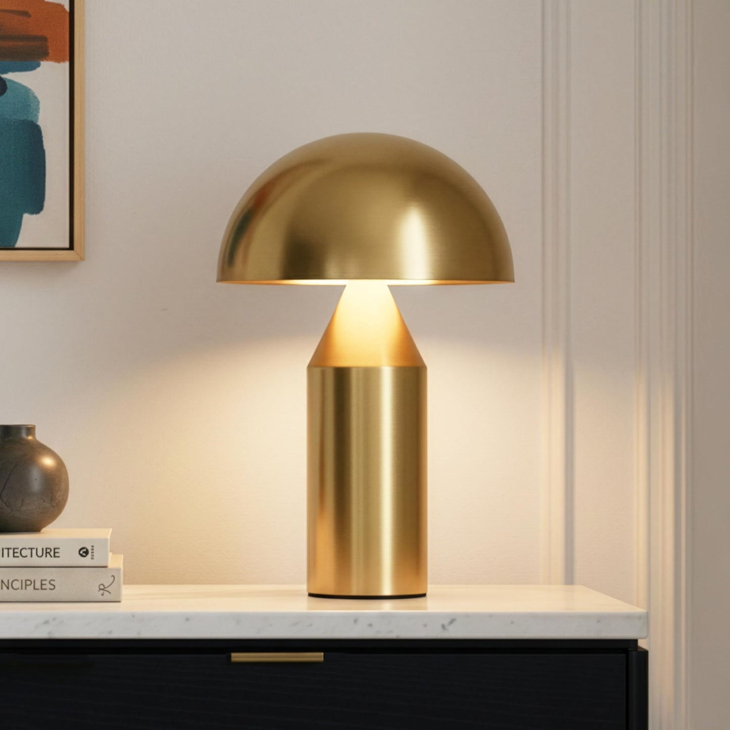 Brightech Venus Mushroom Table Lamp - Modern Lamp for Living Room, Bedroom Side/End Table - Dimmable, Unique Side Table LED Lamp Shade for Office, Reading - Brass/Gold, 14" Tall
