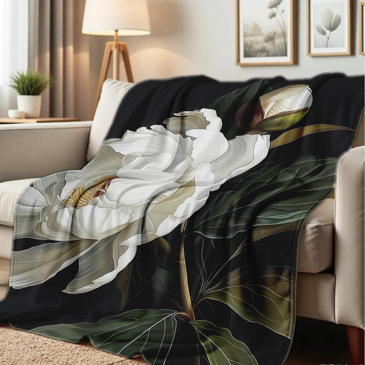 HUNXIAOJ Magnolia Print Blanket Black and White Throw Soft Magnolia Flannel Blanket Flower Bedding Decor Gifts Botanical Floral Throw for Bed Couch (59"x78")