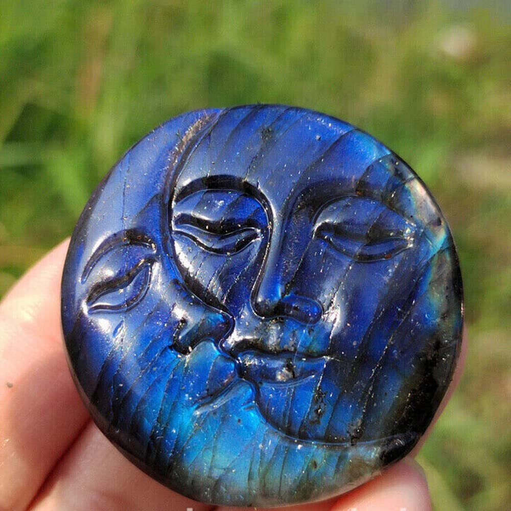 SaiDian 1Pcs Sun Moon Face Natural Labradorite Healing Sphere Stone Quartz Carved Crystal Ornaments Decor Reiki Minerals Meditation Home Decoration
