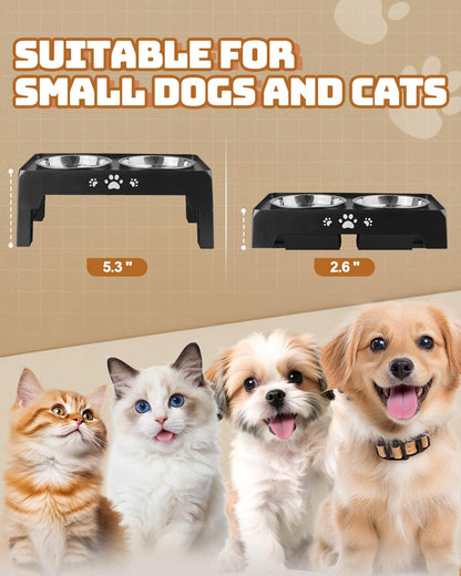 Jovrun Elevated Dog Bowls for Small Dogs and Cats, Non-Slip Cat Bowls with 2 Thick 5.5" Stainless Steel Dishes, Dog Feeder 2 Heights Adjustable to 2.6"-5.3"