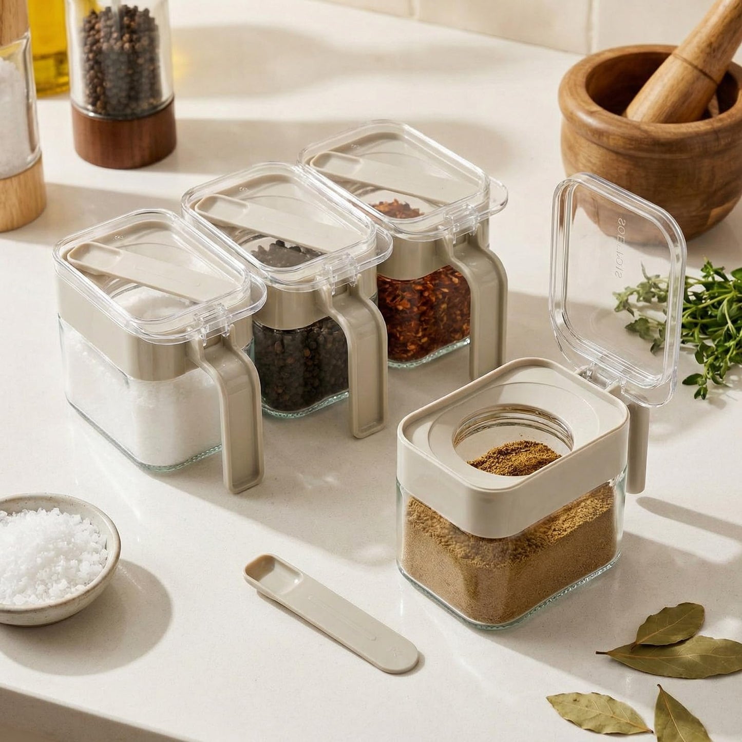 Suclain 6 Pcs Condiment Jar Spice Container 13.5oz Sugar and Salt Container Set Clear Glass Condiment Canister with Spoon Dustproof Lid and Handle for Kitchen Spice Salt Organizer(Grey)