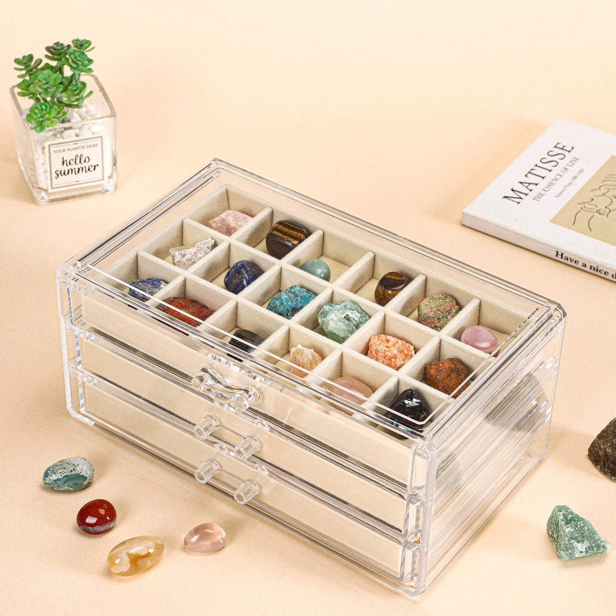 CLUQMEIK Acrylic Rock Collection Display Case with 54 Grids Storage Compartments Rock Collection Boxes Display Organizer Collection Storage Display Cases for Collectibles Crystal /Rock（Beige）