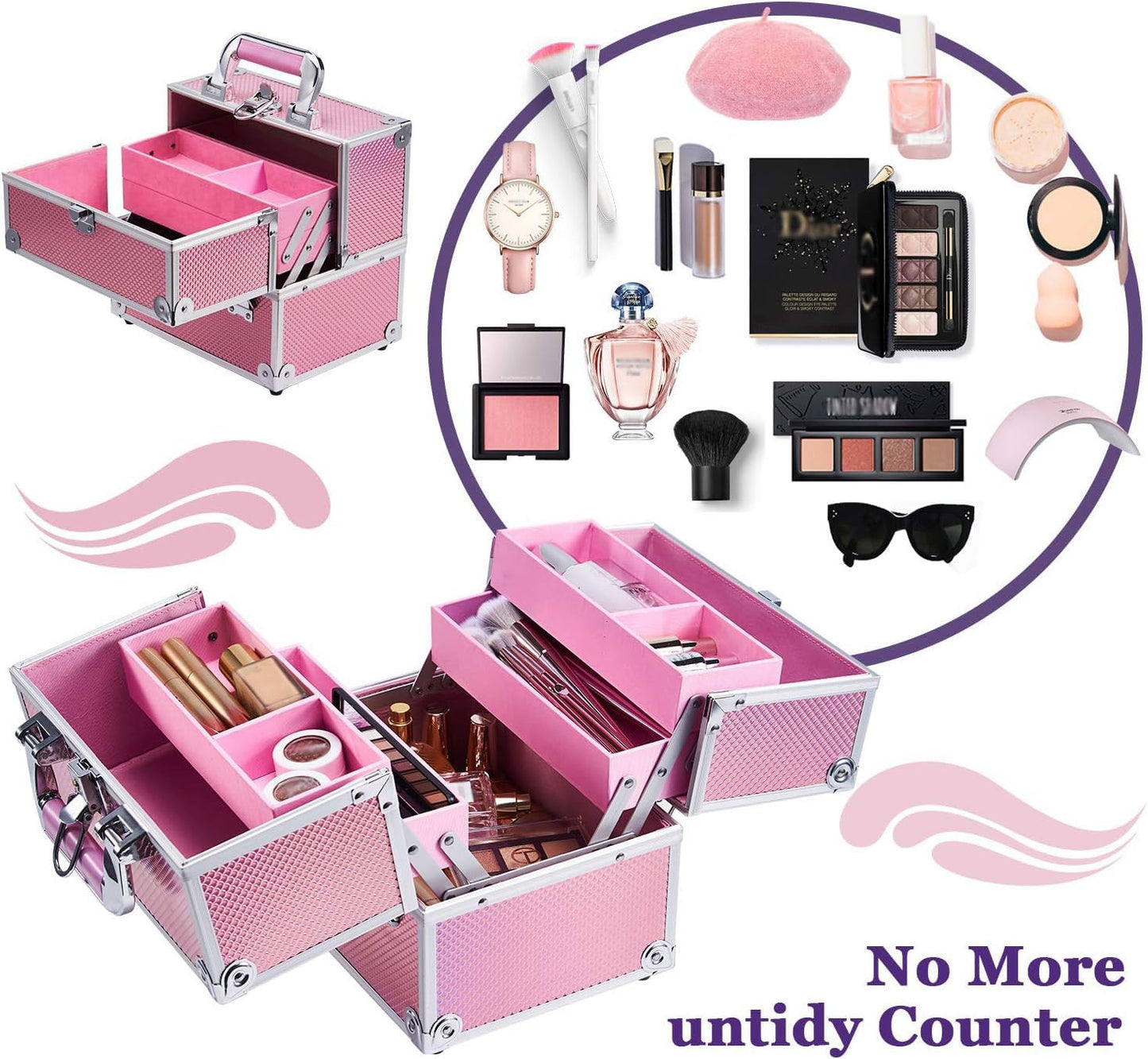 Frenessa Makeup Box Organiser Cosmetics Case Jewellery Organiser Box Vanity Case Pink Make Up Storage Beauty Case Lockable with Keys
