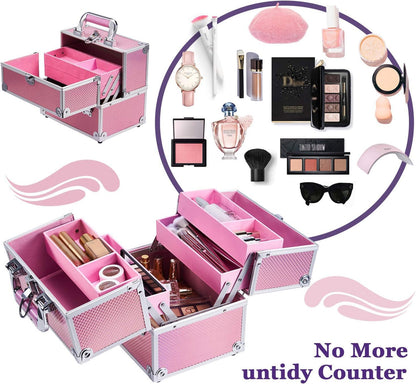 Frenessa Makeup Box Organiser Cosmetics Case Jewellery Organiser Box Vanity Case Pink Make Up Storage Beauty Case Lockable with Keys